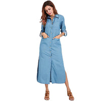 1 x RAW Customer Returns amropi blouse dress women buttons long sleeve side slit casual dresses denim dress maxi dress blue, S - RRP €29.99