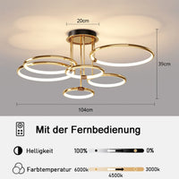 1 x RAW Customer Returns LED ceiling light modern design ceiling lamps gold 6-ring lamps dimmable living room lamp with remote control, aluminum LED lighting for living room bedroom kitchen dining room office 104cm, 140W  - RRP €141.17