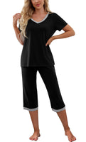 1 x RAW Customer Returns PrinStory Women s Pajamas 2 Piece Pajamas Set Short Sleeve V-Neck Nightwear House Suit Leisure Suit Black, M  - RRP €26.21