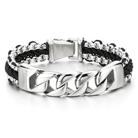 1 x RAW Customer Returns COOLSTEELANDBEYOND Interwoven Design Men s Curb Chain Bracelet Made of Stainless Steel and Black Braided Cotton Cord - RRP €31.25