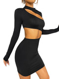 1 x RAW Customer Returns GORGLITTER Women s Cut Outs Mini Dress Bodycon Party Dress Stand-Up Collar Pencil Dress Figure-hugging Dresses Black S - RRP €31.25