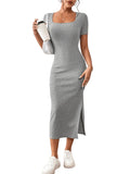 1 x RAW Customer Returns GORGLITTER Bodycon Dress with Slit Women s Dresses Short Sleeve Summer Midi Dress Pencil Dress Casual Dress T-Shirt Dress Gray S - RRP €34.99