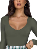 1 x RAW Customer Returns REORIA Women s Sexy V-Neck Double Lining Long Sleeve Slimming Bodysuit for Going Out, Gray and Green., Medium - RRP €24.0