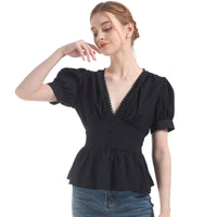 1 x Brand New CR ROLECOS Victorian Blouse Women s Medieval Gothic Blouse Short Sleeve with Lace Border Stand-Up Collar Long Sleeve Black M - RRP €31.67