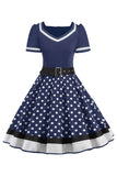 1 x RAW Customer Returns Babyonlinedress Chic Jointiv Women s Evening Dress with Belt Vintage Retro 50s Pin-up Rockabilly Swing Dotted, Dark Navy Blue, X-Large - RRP €46.16