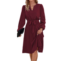 1 x RAW Customer Returns Yageshark Dresses for Women Midi Dress Long Sleeve V-Neck Solid Color Shirt Dress Elegant Casual Women Tunic Dress Wine, L  - RRP €28.99