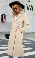 1 x RAW Customer Returns Feziakuk Women s Trench Coat Long Double Breasted Coat Windproof Jacket Solid Color Lapel Transition Coat with Adjustable Belt, Almond M - RRP €60.49