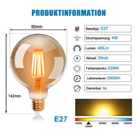 1 x RAW Customer Returns EXTRASTAR Edison vintage light bulb, G95 E27 LED filament lamp, 95 mm diameter, 4 W replaces 40 W incandescent bulb, 400 LM, 2200 K warm white, amber glass, not dimmable, 2 pieces - RRP €12.1