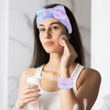 1 x Brand New Face Wash Set 1PCS Tie-Dye Bow Face Wash Headband 2PCS Wristbands, Flannel Women Washing and Makeup Absorbent and Non-slip Hair Bands for Women Girls Purple  - RRP €18.0