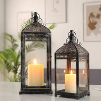 1 x RAW Customer Returns Hanging Candle Lanterns, 51 and 37 cm Height, Set of 2 Outdoor Lanterns Retro Candle Lanterns Metal Candle Holders with Glass for Garden Hallway Door Dark Cement Color  - RRP €75.73