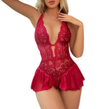 1 x RAW Customer Returns ROSVAJFY Women s One-Piece Nightdress Halterneck Lace Sexy Lingerie Set Transparent One Piece Babydoll Lingerie Backless Deep V-Neck Women Underwear Bordeaux  - RRP €27.6