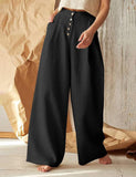 1 x RAW Customer Returns Vanchenl Women Summer Casual Cotton Linen Palazzo Elastic High Waist Button Wide Leg Pants Trousers Black XL - RRP €25.2