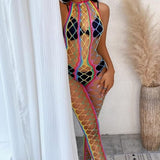 1 x Brand New HOTSO Rainbow Fishnet Bodystocking, Open Crotch Bodysuits Lingerie Sexy Tights Bikini Cover Up Long Sleeve Negligee Mini Dress for Beach Husband Girlfriend Honeymoon Style B  - RRP €27.6