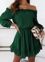 1 x RAW Customer Returns Dokotoo Dress Women Long Sleeve Elegant High Waist Solid Color Off Shoulder A-Line Mini Dress Party Dress Casual Dress Dating Dress Summer Dresses Ruffle Dress Green XL - RRP €30.24