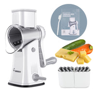 1 x RAW Customer Returns Cheese grater with crank, vegetable cutter with 4 stainless steel interchangeable drum blades, quick cutting manual drum grater for cheese, cucumbers, carrots, nuts, with storage box and cleaning brush - RRP €35.95