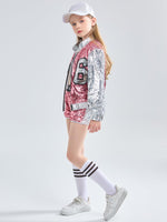 1 x RAW Customer Returns Set of 4 Girls Hip Hop Dance Costume Kids Sequins Jazz Dance Clothing Set Socks Attached 152, Pink  - RRP €42.98