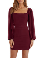 1 x RAW Customer Returns Wenrine Women s Mesh Long Sleeve Square Neck Ruffle Party Club Cocktail Bodycon Mini Dress Wine Red, S  - RRP €40.33