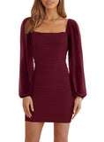 1 x RAW Customer Returns Wenrine Women s Mesh Long Sleeve Square Neck Ruffle Party Club Cocktail Bodycon Mini Dress Wine Red, S  - RRP €40.33