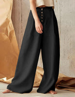 1 x RAW Customer Returns Vanchenl Women Summer Casual Cotton Linen Palazzo Elastic High Waist Button Wide Leg Pants Trousers Black XL - RRP €25.2