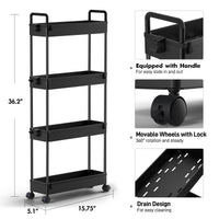 1 x RAW Customer Returns SOLEJAZZ trolley with 4 levels, narrow trolley niche shelf on wheels for kitchen, bathroom, laundry room, bedroom, narrow places, plastic, with handles, 13 x 40 x 86.3 cm, black - RRP €27.99