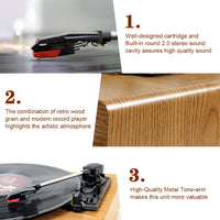 1 x RAW Customer Returns Vinyl Turntable, FYDEE Vintage Bluetooth Turntable with 3 Speeds 33 45 78 RPM and 2 Built-in Speakers, Portable Vinyl Player Supports Headphone Jack, RCA, AUX - Natural Wood - RRP €77.99