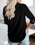 1 x RAW Customer Returns CZIMOO Women s Single Breasted Shirt Oversized V-Neck Work Shirt Shirts with Chest Pockets Women s Elegant Long Sleeve Shirt Black M - RRP €26.54