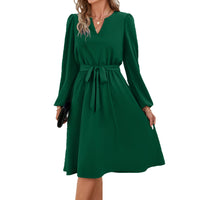 1 x RAW Customer Returns Yageshark Dresses for Women Midi Dress Long Sleeve V-Neck Plain Shirt Dress Elegant Casual Women Tunic Dress Green, L  - RRP €28.99