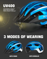 1 x RAW Customer Returns VICTGOAL bicycle helmet MTB mountain bike helmet with magnetic visor, removable sun protection cap and LED rear light, cycling helmet, road bike helmet for adults, men and women M 54-58cm, metal blue  - RRP €48.9