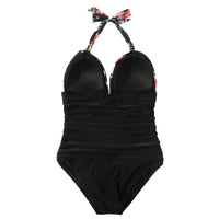 1 x RAW Customer Returns RXRXCOCO Swimsuit Women Ruffles Tummy Control V Neck Push Up Shape Swimwear Halter One Piece Backless Swimsuit Flower Black XXL - RRP €40.99