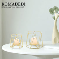 7 x Brand New Romadedi Tea Light Candle Holders Gold 2 Pieces Geometric Pillar Candle Holder Centerpiece for Tealights Dining Living Room Coffee Table Wedding Wrap Fireplace Shelf Patio Decor - RRP €142.8