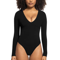 1 x RAW Customer Returns RoomTour Women s Bodysuit Long Sleeve Deep V-Neck Jumpsuit Elegant Bodysuits for Women 3-Black M - RRP €27.22