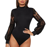 1 x RAW Customer Returns Cocoarm Body Women s V Neck Long Sleeve Bodysuit with Lantern Sleeves Long Sleeve Shirt with Lace Splicing Mesh Sleeves Sexy Jumpsuits Black-S  - RRP €22.7