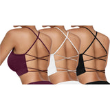 1 x RAW Customer Returns Vertvie Women s Sports Bra Padded Crossback Yoga Sports Bra Spaghetti Straps Back Crossed Ribbed Bustier Without Wire Breathable Bra with Removable Cups 3pc Black White Wine Red, L  - RRP €30.95