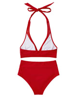 1 x RAW Customer Returns RXRXCOCO Women s Mesh Halter Backless Tummy Control High Waist Bikini Set Push Up Sexy V Neck Two Piece Swimsuits Swimwear Red Size L - RRP €39.99