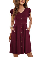 1 x RAW Customer Returns MOLERANI Summer Dress Women Knee Length Ruffle Sleeve V-Neck Casual Swing Elastic Waist Midi Dress with Pockets Deep Wine Red S - RRP €37.99