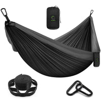 1 x RAW Customer Returns Grassman Camping Hammock Double and Single Hammock with Tree Straps, Lightweight Nylon Parachute Hammock Camping Accessories Equipment for Indoor Outdoor Backpacking, Travel, Black, Double - RRP €26.99