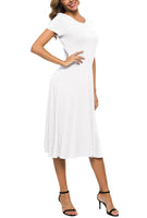 1 x RAW Customer Returns EXCHIC Women s Casual Round Neck A-Line Short Sleeve Midi Dress Summer Stretchy Knee Length Casual Dresses M, White  - RRP €32.88