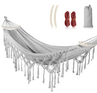 1 x RAW Customer Returns Hammock Outdoor Boho style for garden, balcony, terrace, indoor, with curved wooden pole, fastening straps and carrying bag - RRP €43.95