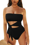 1 x RAW Customer Returns Viottiset Women s Bandeau Strapless One Piece Wrap Swimsuit High Cut Monokini Swimwear Black X-Large - RRP €37.99