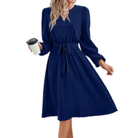 1 x RAW Customer Returns Yageshark Dresses for Women Midi Dress Long Sleeve V-Neck Solid Color Shirt Dress Elegant Casual Women Tunic Dress Navy, M  - RRP €28.99