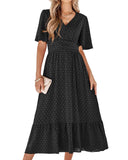 1 x RAW Customer Returns BebreezChic Summer Dress Women Long Boho Elegant Short Sleeve V-Neck High Waist Swiss Dot Ruched Floral Beach Dress Maxi Dress, Black S - RRP €46.99