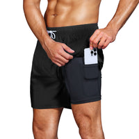 1 x RAW Customer Returns HMIYA Men s Swimming Trunks 2 in 1 Swimming Shorts Quick-Drying Short Board Shorts with Compression and Zip Pockets Black XL  - RRP €24.49