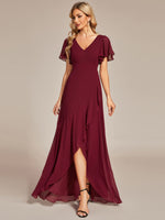 1 x RAW Customer Returns Ever-Pretty Long Bridesmaid Dress with Ruffles with Slit V-Neck Short Sleeves Elegant Burgundy Bridesmaid Dress 52 - RRP €76.99