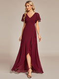 1 x RAW Customer Returns Ever-Pretty Long Bridesmaid Dress with Ruffles with Slit V-Neck Short Sleeves Elegant Burgundy Bridesmaid Dress 52 - RRP €76.99