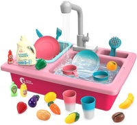 1 x RAW Customer Returns cute stone kitchen sink toy set with warmable water recycling faucet and sink, heat color changing tableware set, with fruit cutting for children from 3 years pink  - RRP €32.99