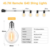 1 x RAW Customer Returns Toipwen Dimmable Outdoor String Lights, 45.7M Outdoor Garden Lights with Remote Control, 50 2 Bulbs, IP45 Waterproof, 2700K Warm White, Suitable for Patio, Balcony, Camping, Parties - RRP €79.99