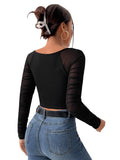 1 x RAW Customer Returns GORGLITTER Women s Crop Top Scoop Neck Crop Top Elegant Ruffle Mesh Tops Cropped Long Sleeve Shirt Black S - RRP €25.2