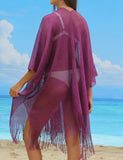 1 x Brand New Ferand Women s Summer Kimono Cardigan Open Front Fringe Beach Cover Up Long Kimono for Bikini Swimwear One Size Purple - RRP €27.6