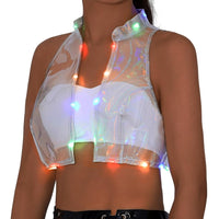 1 x RAW Customer Returns Ushiny Luminous Vest Transparent Crop Top LED Rave Costume Stand-Up Collar Sleeveless Tank Top for Women and Girls AS3, Alpha, L, Regular, Regular, Transparent  - RRP €22.14