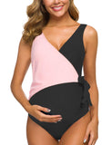 1 x RAW Customer Returns Love2Mi Maternity Swimsuit One-Piece Elegant V-Neck Maternity Swimwear Tie Front Bowknot Swimsuit Pink Black M - RRP €32.99